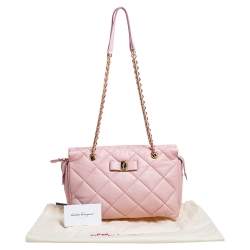 Pre Owned Salvatore Ferragamo Pink Quilted Leather Bow Zip Genette Shoulder Bag