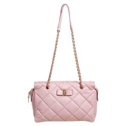 Pre Owned Salvatore Ferragamo Pink Quilted Leather Bow Zip Genette Shoulder Bag