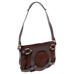Pre Owned Salvatore Ferragamo Brown Suede and Leather Gancio Baguette Shoulder Bag