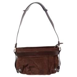 Pre Owned Salvatore Ferragamo Brown Suede and Leather Gancio Baguette Shoulder Bag