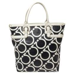 Pre Owned حقيبة يد سالفتوري فيراغامو جلد طباعة غانسيني أبيض/ أسود