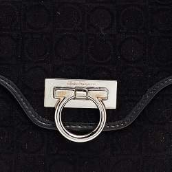 Pre Owned Salvatore Ferragamo Black Gancini Velvet And Leather Shoulder Bag