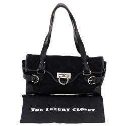 Pre Owned Salvatore Ferragamo Black Gancini Velvet And Leather Shoulder Bag