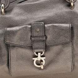 Salvatore Ferragamo Metallic Grey Leather Gancini Front Pocket Satchel