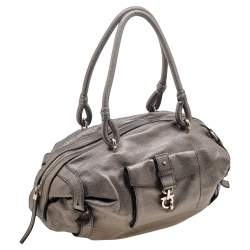 Salvatore Ferragamo Metallic Grey Leather Gancini Front Pocket Satchel