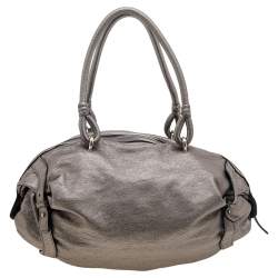 Salvatore Ferragamo Metallic Grey Leather Gancini Front Pocket Satchel