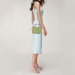 Pre Owned Salvatore Ferragamo Green Woven Leather And Fabric Metal Handle Tote