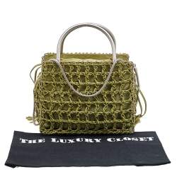 Pre Owned Salvatore Ferragamo Green Woven Leather And Fabric Metal Handle Tote