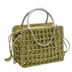 Pre Owned Salvatore Ferragamo Green Woven Leather And Fabric Metal Handle Tote