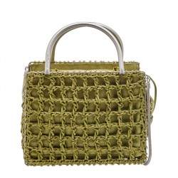 Pre Owned Salvatore Ferragamo Green Woven Leather And Fabric Metal Handle Tote