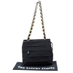 Pre Owned Salvatore Ferragamo Black Ruffle Canvas and Leather Chain Shoulder Bag