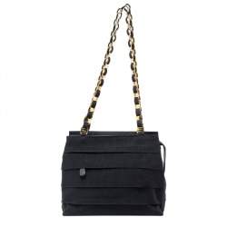 Pre Owned Salvatore Ferragamo Black Ruffle Canvas and Leather Chain Shoulder Bag