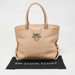 Salvatore Ferragamo Beige Pebbled Leather Dotty Tote 