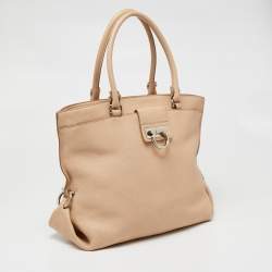 Salvatore Ferragamo Beige Pebbled Leather Dotty Tote 