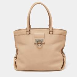 Salvatore Ferragamo Beige Pebbled Leather Dotty Tote 