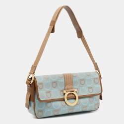 Salvatore Ferragamo Light Blue/Beige Canvas And Leather Gancini Shoulder Bag