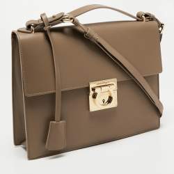 Pre Owned Salvatore Ferragamo Dark Beige Leather Gancio Lock Top Handle Bag
