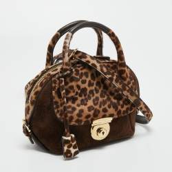 Pre Owned Salvatore Ferragamo Brown/Beige Calf Hair and Suede Fiamma Satchel