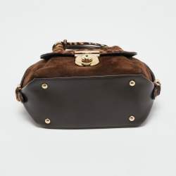 Pre Owned Salvatore Ferragamo Brown/Beige Calf Hair and Suede Fiamma Satchel