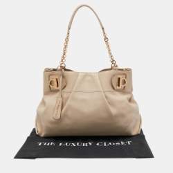 Pre Owned Salvatore Ferragamo Beige Leather Gancini Chain Tote