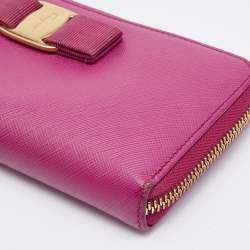 Salvatore Ferragamo Pink Saffiano Leather Vara Bow Zip Continental Wallet