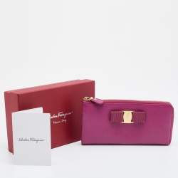 Salvatore Ferragamo Pink Saffiano Leather Vara Bow Zip Continental Wallet