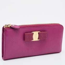 Salvatore Ferragamo Pink Saffiano Leather Vara Bow Zip Continental Wallet