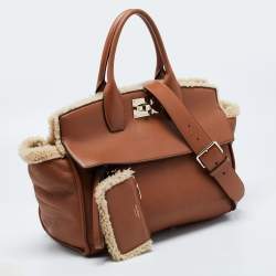 Salvatore Ferragamo Brown Leather and Shearling The Studio Top Handle Bag