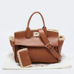 Salvatore Ferragamo Brown Leather and Shearling The Studio Top Handle Bag
