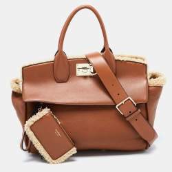 Salvatore Ferragamo Brown Leather and Shearling The Studio Top Handle Bag