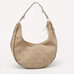 Pre Owned Salvatore Ferragamo Beige/Brown Gancini Print Canvas and Leather Hobo