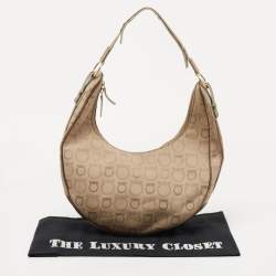 Pre Owned Salvatore Ferragamo Beige/Brown Gancini Print Canvas and Leather Hobo