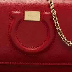 Salvatore Ferragamo Red Leather Gancini City Wallet on Chain