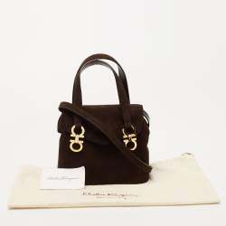 Pre Owned Salvatore Ferragamo Dark Brown Suede Gancini Satchel