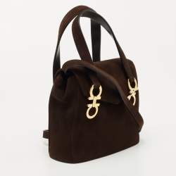 Pre Owned Salvatore Ferragamo Dark Brown Suede Gancini Satchel