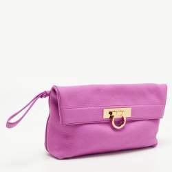 Pre Owned Salvatore Ferragamo Pink Leather Gancini Flap Oversize Clutch