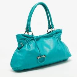 Pre Owned Salvatore Ferragamo Green Leather Pleated Tote