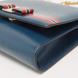 Pre Owned Salvatore Ferragamo Blue Leather Striped Vara Bow Chain Bag