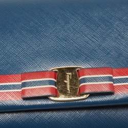 Pre Owned Salvatore Ferragamo Blue Leather Striped Vara Bow Chain Bag