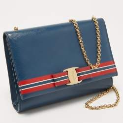 Pre Owned Salvatore Ferragamo Blue Leather Striped Vara Bow Chain Bag