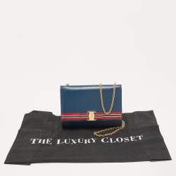Pre Owned Salvatore Ferragamo Blue Leather Striped Vara Bow Chain Bag