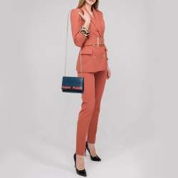 Pre Owned Salvatore Ferragamo Blue Leather Striped Vara Bow Chain Bag