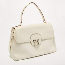 Pre Owned Salvatore Ferragamo White Leather Gancini Flap Bag