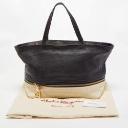 Salvatore Ferragamo Black/White Grain Leather Tara Expandable Tote