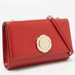 Pre Owned Salvatore Ferragamo Red Leather Floral Button Chain Clutch