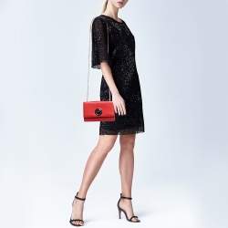 Pre Owned Salvatore Ferragamo Red Leather Floral Button Chain Clutch