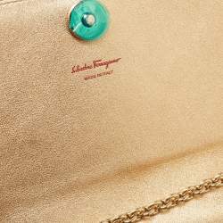 Pre Owned Salvatore Ferragamo Red Leather Floral Button Chain Clutch