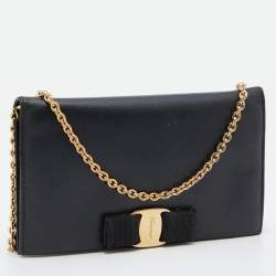 Salvatore Ferragamo Black Leather Vara Bow Wallet on Chain