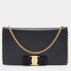 Salvatore Ferragamo Black Leather Vara Bow Wallet on Chain