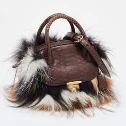 Pre Owned Salvatore Ferragamo Brown/Beige Python and Fox Fur Fiamma Satchel